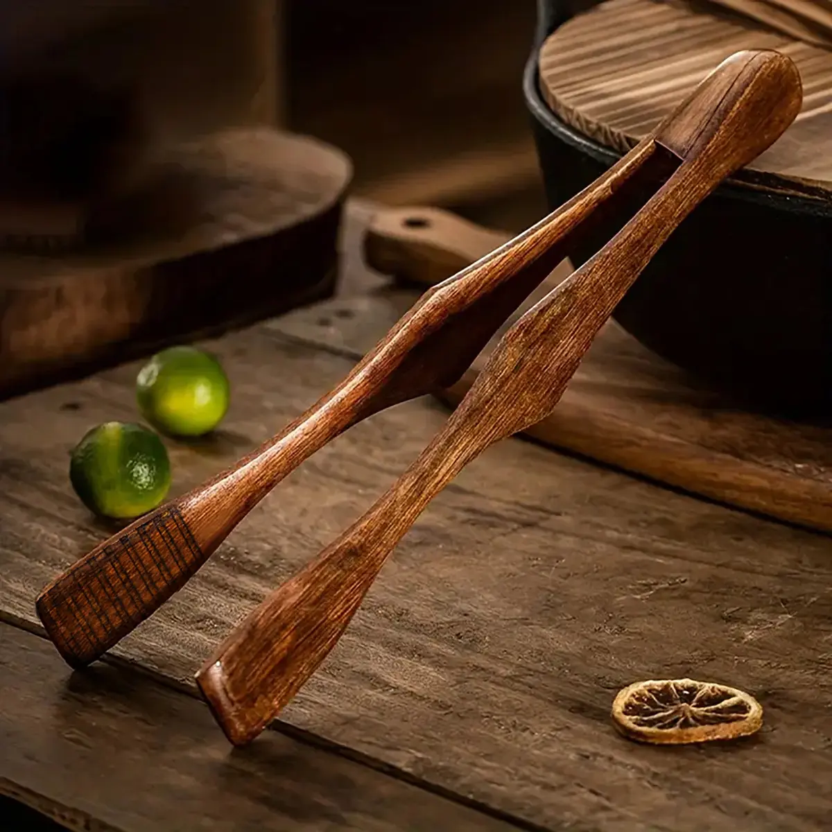 Natural Wooden 10 Inch Food Tongs + 15 Inch Deep-Fry Chopsticks Set, 10 Inch Reusable Barbecue Steak Tongs Bread Dessert Pastry Clip Clamp Buffet Kitchen CookingTools