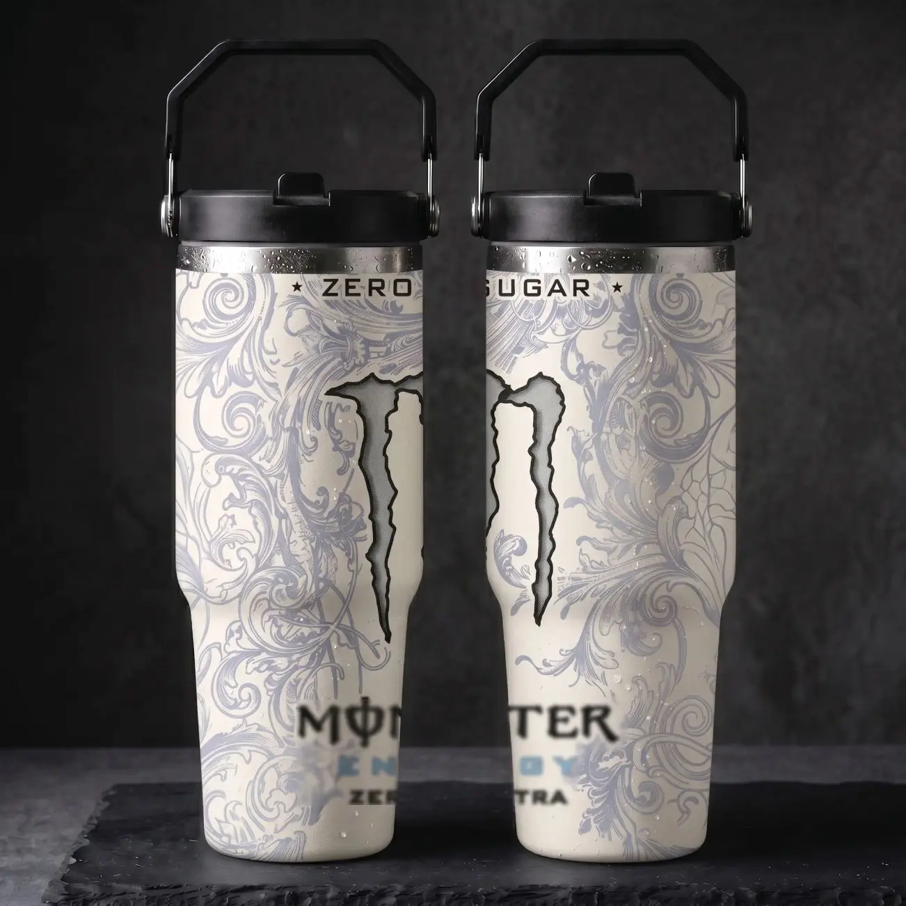 White Mons Energy Drink 40oz/30oz Tumbler with Handle & Straw Insulated Cup