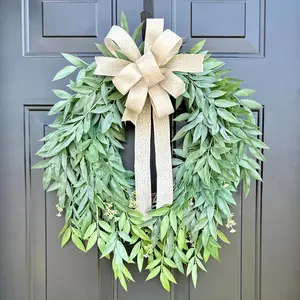 Farmhouse Greenery Wreath, 18-Inch Artificial Leaf Wreath with Linen Bow, All-Season Door Decor, Perfect for Home Decoration