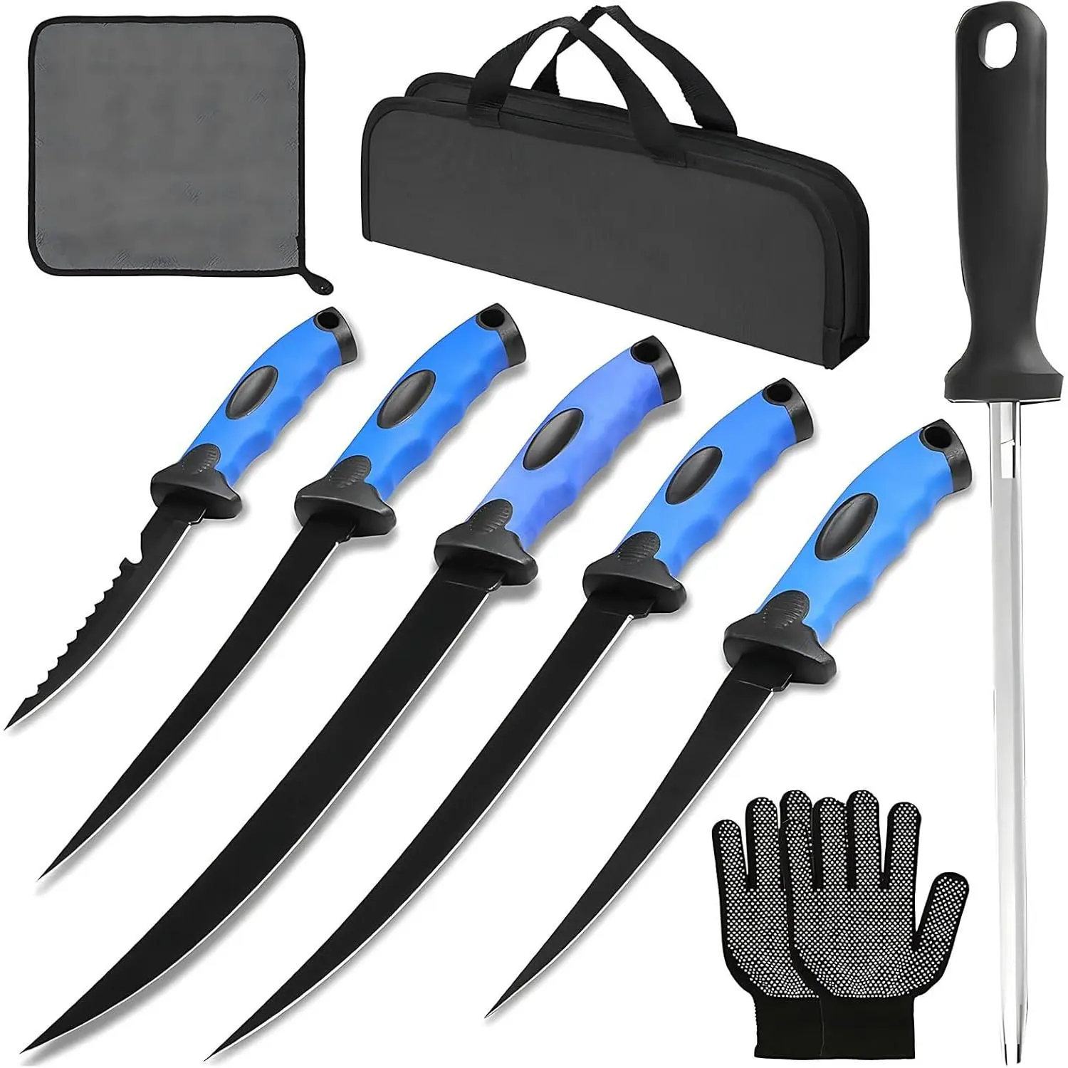2026 UpgradeFish Fillet Knife Set, For Trout Fishing Catfish Cleaning and Meat Cutting, Stainless Steel Blade , Includes 5", 6", 7", 9", XL 9" knife, Sharpening Rod, Glove, Towel, Storage Bag. For Kitchen, Boat