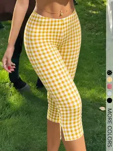 Women's Yellow Gingham Capri Pants Slim Fit Summer Casual Chic Bottoms For Casual Outings