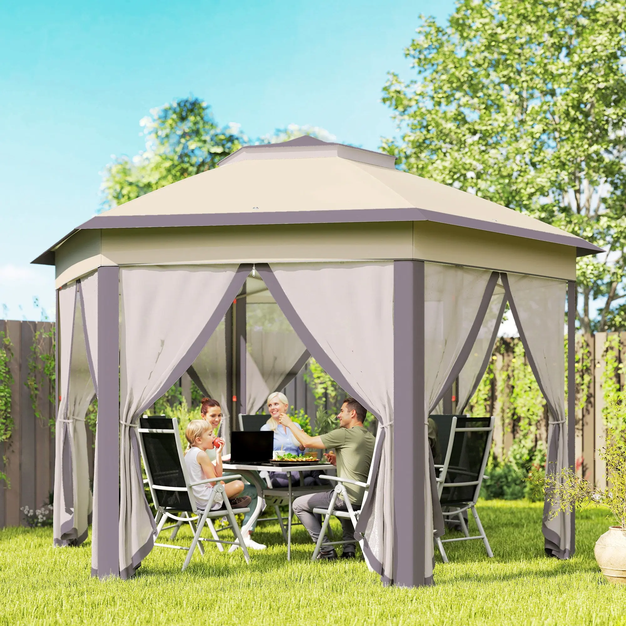 13 x 13 Pop Up Gazebo Hexagonal Canopy Shelter with 6 Zippered Mesh Netting for Patio Backyard Garden Wedding Party