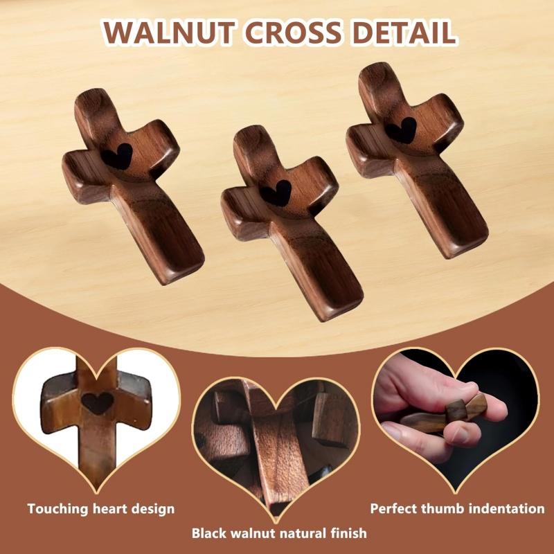 3/6/20Pcs Wooden Cross Bulk Worry Cross Handcrafted Solid Walnut Pocket Cross My Heart Prayer Stress Relief Christian Faith Encouragement Pocket Prayer Gifts for Church Easter Religious Sharing