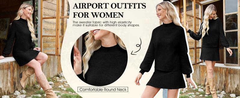 Imily Bela Women's 2 Piece Outfits 2025 Long Sleeve Mock Neck Ribbed Sweaters And Mini Skirt Two Piece Sets