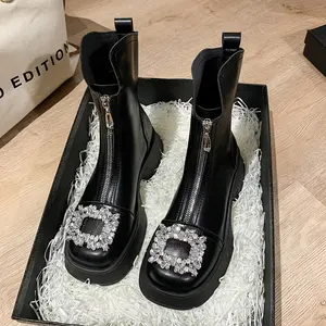 Women's Fashion Ankle Boots Square Toe Metal Rhinestone Accents Thick Sole Zipper Closure Faux Fabric Lining Rubber Sole High Heel All-Season Comfort Bathroom Makapal Footwear