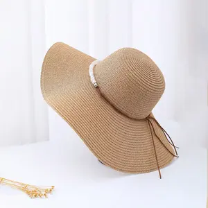 Summer Pearl Strap Straw Hat for Women, Outdoor Wide-Brim Sun Hat, Breathable and Sun-Protective