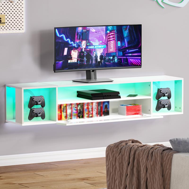 Soges 55" Floating TV Stand with LED Lights, Wall Mounted Entertainment Centre with 2 Headphone & 4 Gaming Handle Hooks, Modern Space Saving Media Console TV Shelf with Storage for Living Room Bedroom