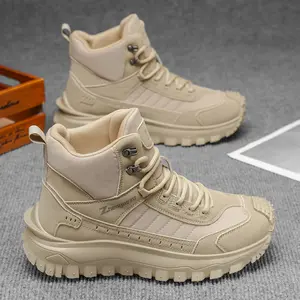 Men's simple high-top lace-up hiking boots, round-toe lace-up design, lightweight and comfortable, available in black, khaki and green, versatile shoes for mountaineering, travel and outdoor sports