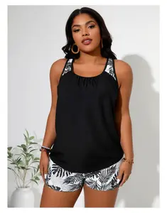 Bikini Set for Women High Waist - Black Palm Leaf Print Two Piece Swimsuit Crop Top & Shorts - Summer Beach Bathing Suit - 4XL