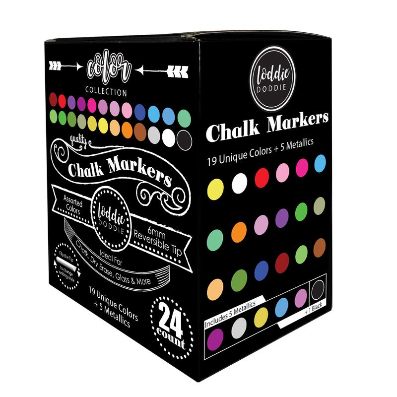 Loddie Doddie 24ct Chalk Markers - Color Collection - Erases Completely on Non-Porous Surfaces, Windows and Glass | 6mm Reversible Bullet & Chisel Tip