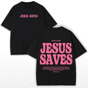 Jesus Saves Pink Puff Print Graphic Tee Unisex Streetwear Crewneck Short Sleeve Cotton Shirt Casual Daily Faith Outfit Gift