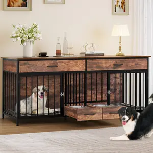 DWVO Double Dog Crate Furniture with Feeder, Indoor Dog Kennel for Large Breed with Storage, Wooden Dog Crate TV Stand Table for Dogs DWVO Double Dog Crate Furniture with Feeder, Indoor Dog Kennel for Large Breed with Storage, Wooden Dog Crate TV Stand Table for Dogs