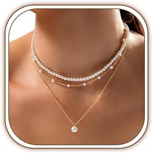 Gold Pearl Necklace for Women, Dainty 14K Gold/Silve Plated Layered Pearl Choker Pearl Earrings Pearl Bracelets Wedding Trendy Gold Jewelry Set for Women Gifts
