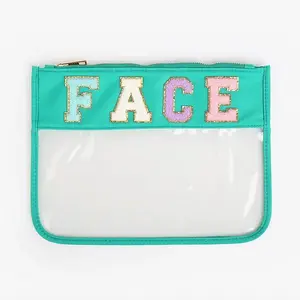 Green "FACE" Varsity Letter Patch Clear Zippered Pouch Bag