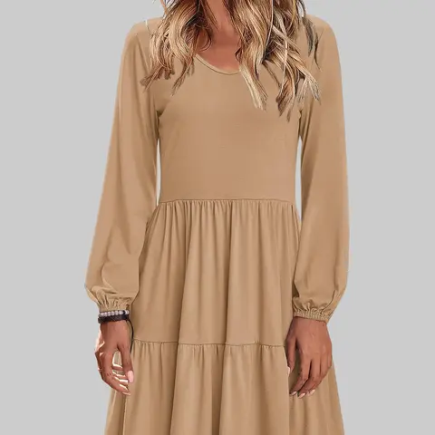 Women's Solid Casual A-Line A-Type Tunic Dress - V-Neck, Long Sleeve, Pull-On, Ruffled, Fitted Loose, Casual Chic, With Pockets, Machine Washable