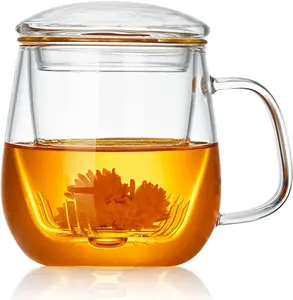 Large Clear Tea Cup with Infuser (17.6oz) – Borosilicate Glass Mug with Lid, for Blooming Tea, Microwave Saf Birthday Leaf Teacup Transparent