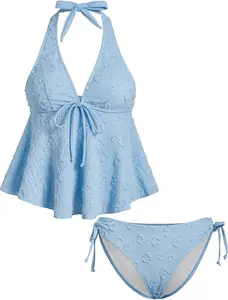 Women's Tankini Swimsuits Textured Flowy Halter Bikini Set Tummy Control Modest Bathing Suits