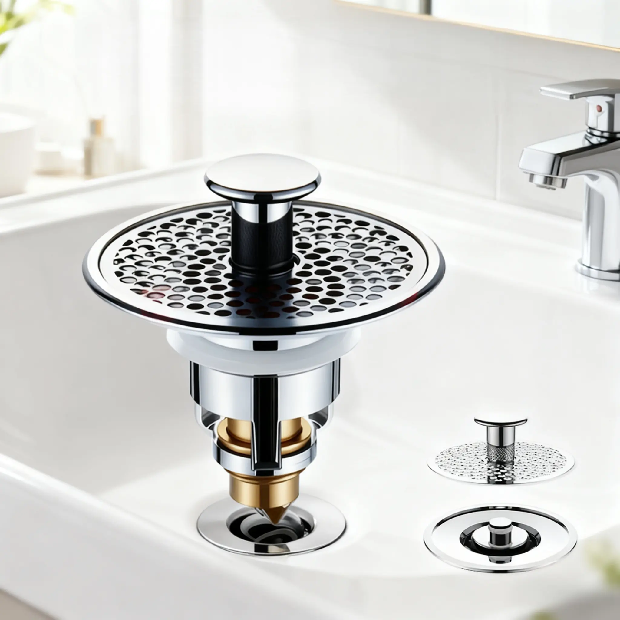 Brass Pop Up Sink Drain Filter - Modern Stainless Steel Anti-Clog Basin Stopper, Hair Catcher Anti-Odor Bathroom Sink Drain Plug