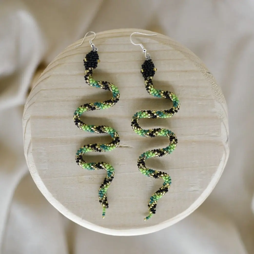 Aphrodite - Beaded Earrings with Snake-Inspired Design - Handmade by Huichol Artisans - Mother Sierra