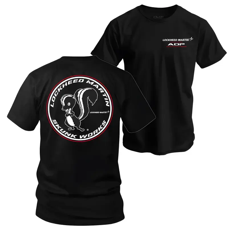Lockheed Martin Skunk Works T-Shirt, 2 Sides Design Featuring Classic Skunk Logo and Advanced Development Programs Print, Soft Black Cotton Tee for Aviation Engineers, Veterans, and Stealth Aircraft Fans for Men & Women, Streetwear, Vacation Outfits