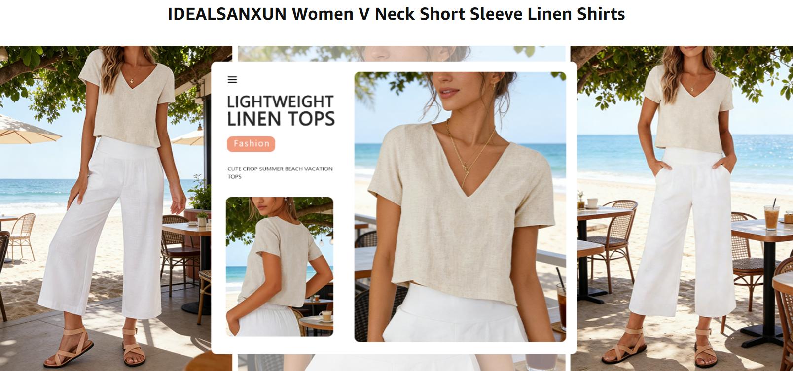 IDEALSANXUN Womens Short Sleeve Linen Shirts Casual Spring Summer V Neck Cute Crop Beach Blouse Tops Womenswear Basic Minimalist Shortsleeve Vneck Flowy Ruched Floral Tank