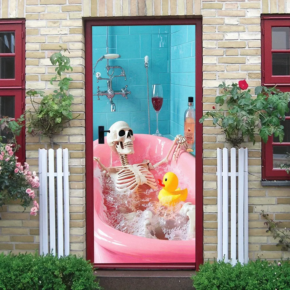 2pcs Creative Skeleton Bathtub Wall Sticker Funny Cartoon Duck Red Wine Glass Decorative Decal Humorous Home Waterproof Self Adhesive Sticker for Kids Room Bathroom Wall Art Removable Non Damaging Deco