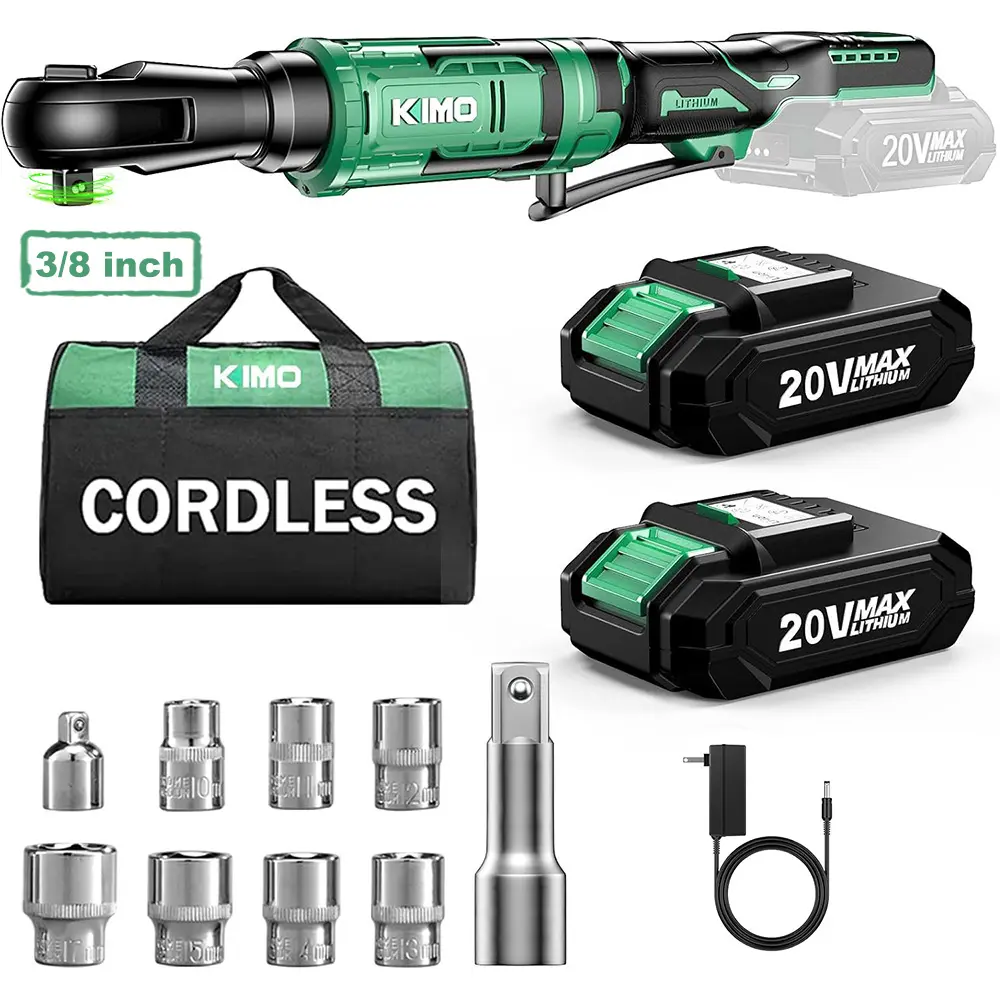 KIMO 3/8" Cordless Electric Ratchet Wrench Set - 74 Ft-lbs of Torque, 400 RPM, 20V Battery Powered Ratchet with 2 X 2.0Ah Lithium-Ion Batteries, Includes 7 Sockets, 3" Extension Bar, and 3/8" Adapter