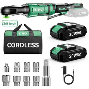 KIMO 3/8" Cordless Electric Ratchet Wrench Set - 74 Ft-lbs of Torque, 400 RPM, 20V Battery Powered Ratchet with 2 X 2.0Ah Lithium-Ion Batteries, Includes 7 Sockets, 3" Extension Bar, and 3/8" Adapter