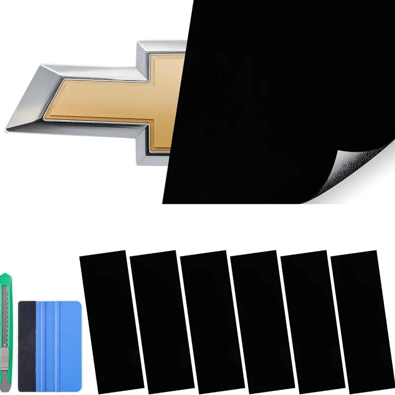Black Chevy Bowtie Emblem Vinyl Wrap Kit (11.8in x 4in, 6Pcs) - Self Adhesive High Gloss Car Stickers Decals, Abrasion Resistant Decorative Long Wearing Sheet with Spatula, Cutter, Universal Overlays, Steering Wheel Badge Sticker, Car Exterior Accessories