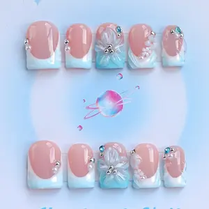 Nailssbysheccid, 10pcs press-on nails, French tip nails, short square type, 100% handmade, Nail Art Design, simple style, 3D, suitable for family dinners, dates, best gift for girls, comes with jelly glue, crystal sticks and twisting rods