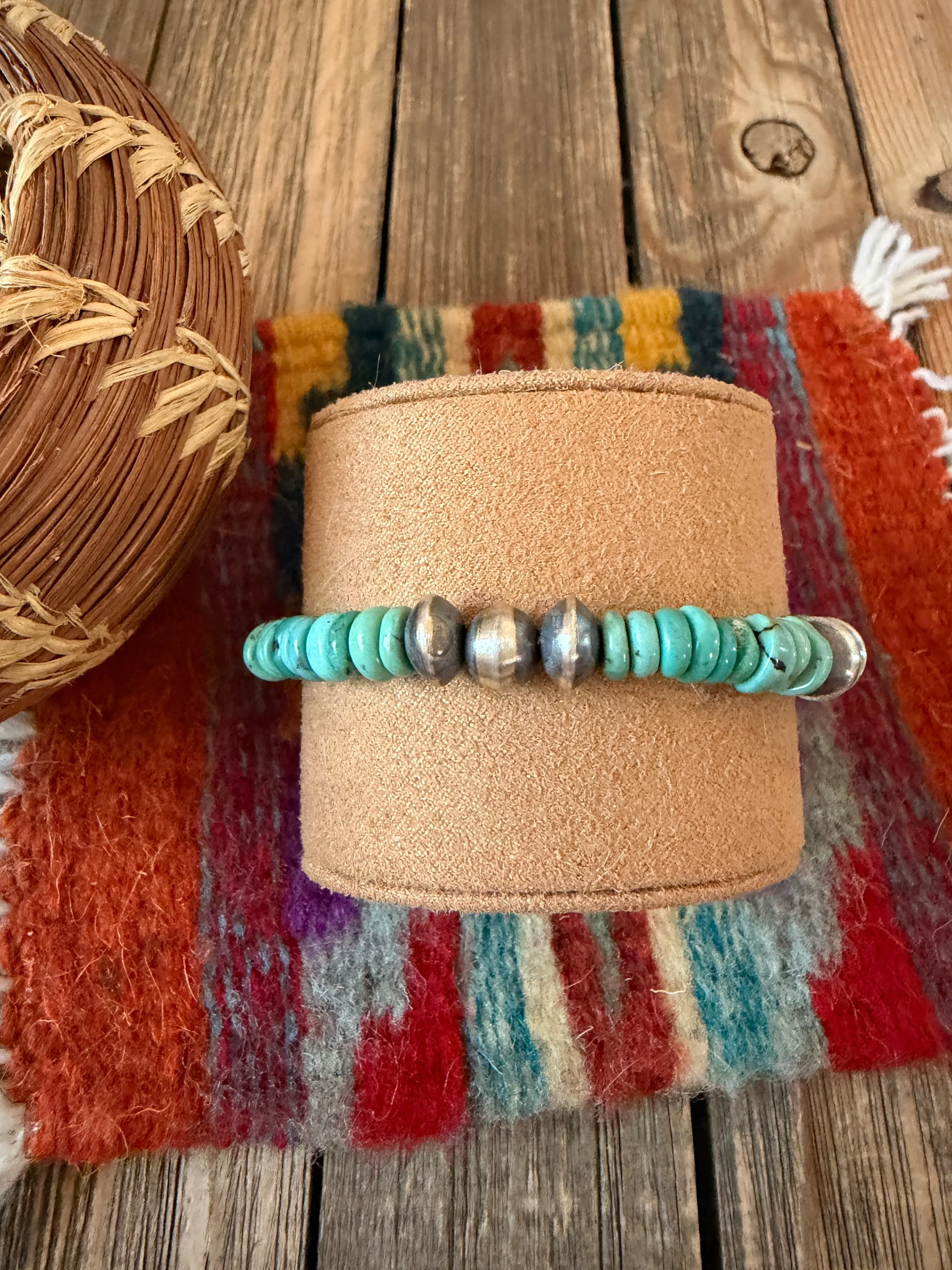 Handcrafted Turquoise & Sterling Silver Beaded Stretch Bracelet