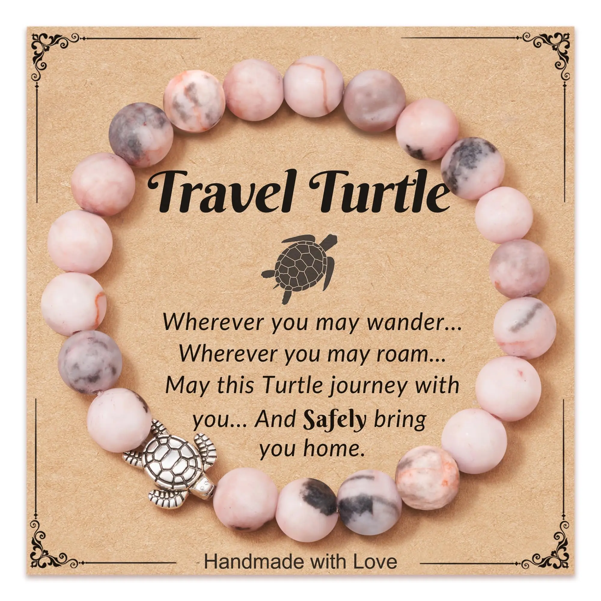 Travel Turtle Gifts for Women - Pink Zebra Stone Turtle Charm Bracelet Christmas Birthday Valentines Day Gift