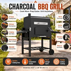 Outsunny Portable Charcoal Grill Heavy Duty BBQ Barbecue with Adjustable Height Folding Shelves Thermometer and Wheels Black Outdoor Cooking Station for Backyard Patio Camping Picnic Summer Tailgating Party Essentials