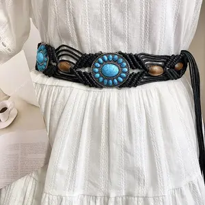 Beaded woven belt women's versatile retro with skirt wax rope imitation turquoise decorative design sense niche fashion waist rope