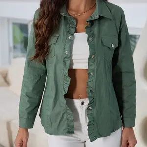 Women's Elegant Shiny Stretch Denim Blouse with Ruffles, Solid Long Sleeve Regular Fit Button-Down Top with Pockets, Fabric