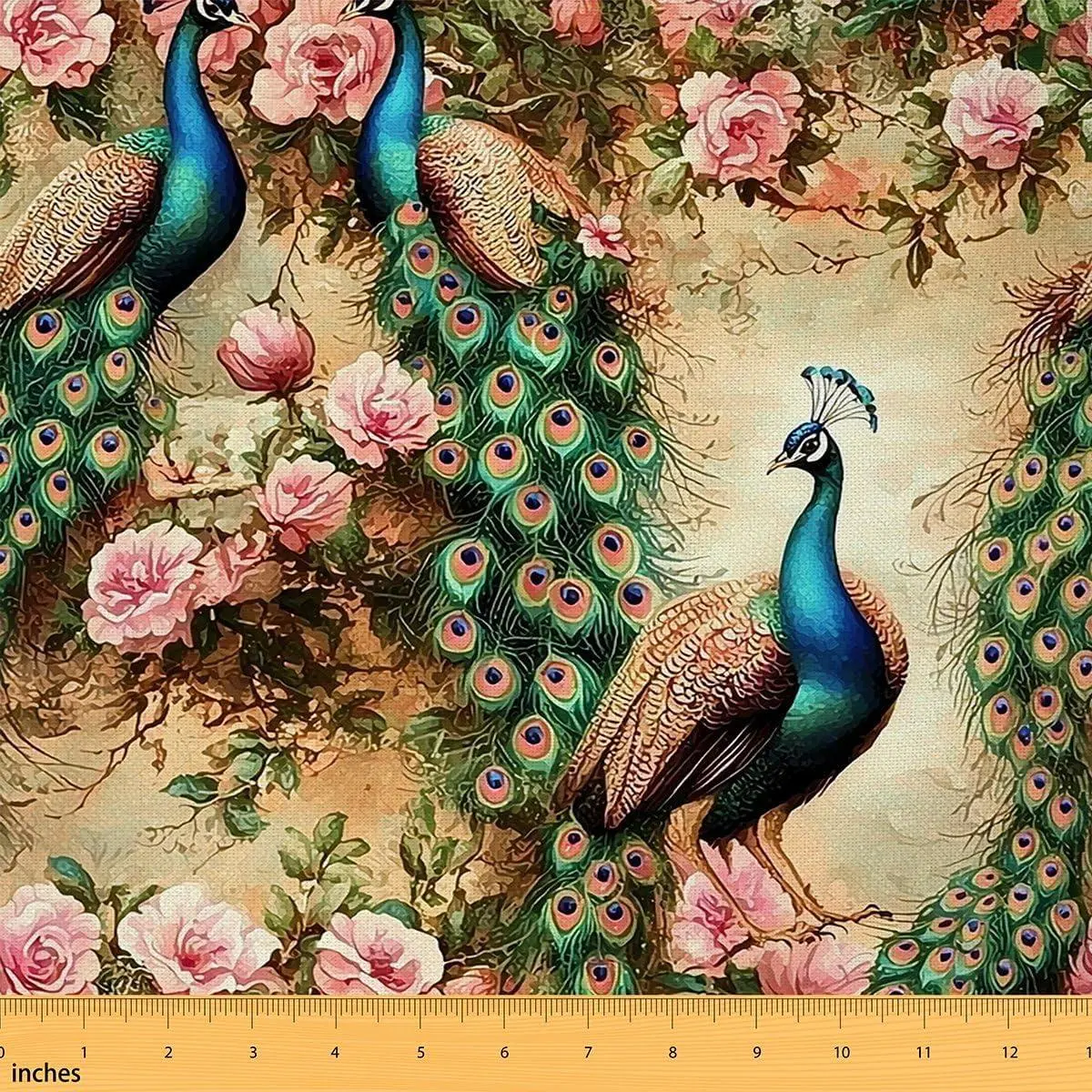 Peacock Flannel Fabric Peacock with Peony Flowers Upholstery Fabric Vintage Flower Floral Decors Wild Animal DIY Art