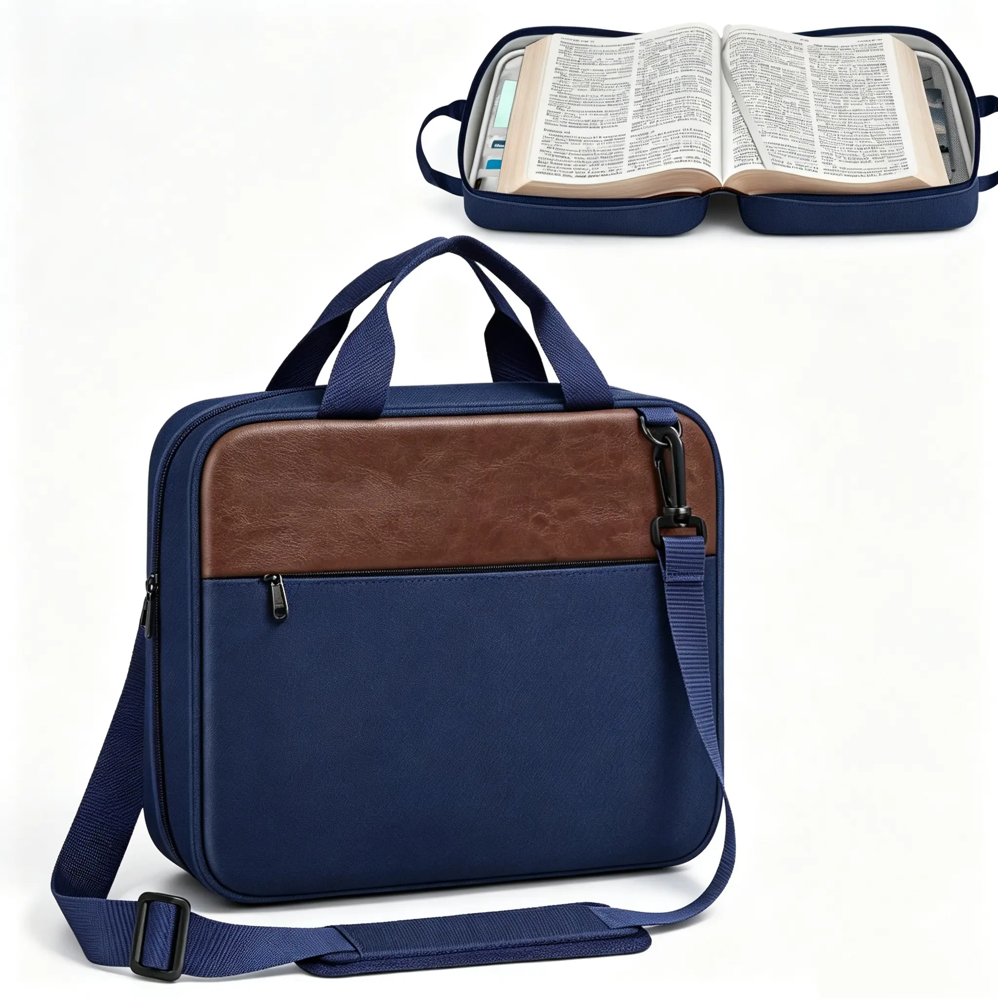Large Carrying Bag for Bible/Church Study Book with Detachable Shoulder Strap & Zippered Pockets -  Large Capacity Bible Case for Men/Women