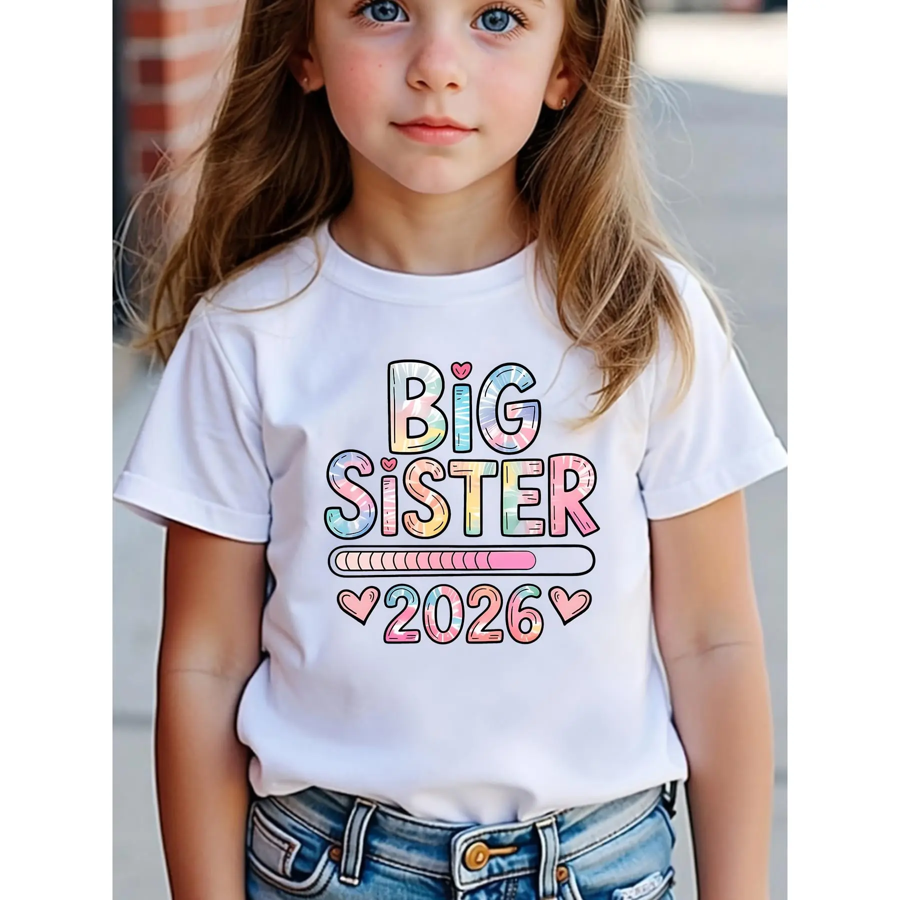 Girls' 2026 Big Sister Announcement Shirt - Cute  to Pink Gradient Birthday Party Outfit with Heart & Sibling Design, Machine Washable Round Neck T-Shirt for New Big Sister Gift (Spring/Summer/Fall)