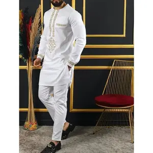 Men's 2-Piece Set Luxurious Embroidered Men's Drawstring Solid Color Pants Traditional Suit by Clothes Menswear Polyester Embroidery Flowers Geometricwomen's clothing