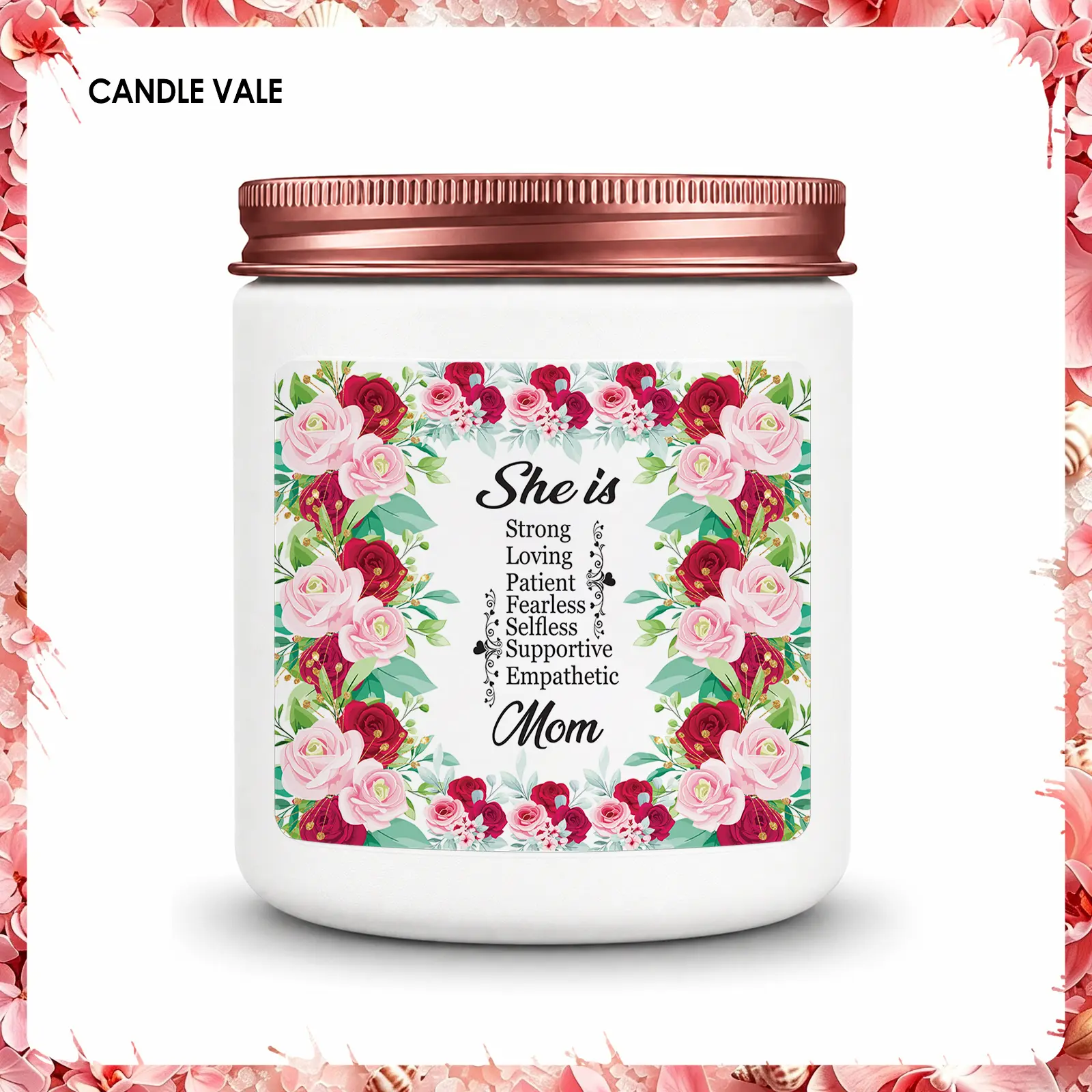 6Pc Handmade 9oz Soy Aromatherapy Candle Set - Floral Frame Design, "She Is Strong Loving Mom" Theme, Mother’s Day Gift for Mom, Home Decor for Bedroom Living Room