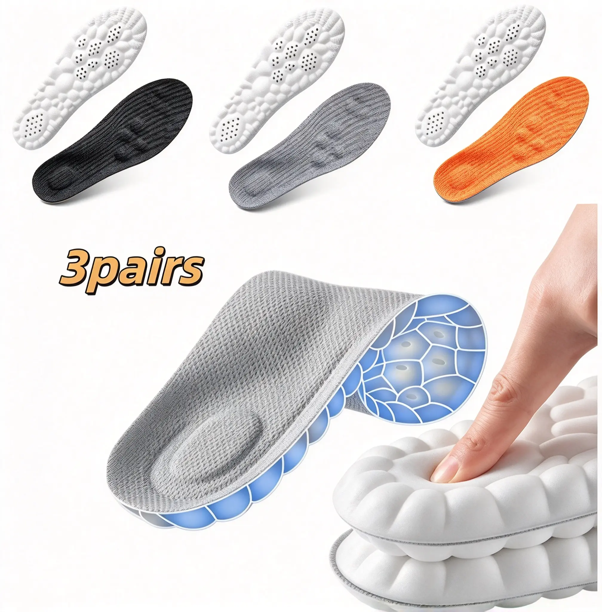 4D Shock Cushion Shock Absorbing PU Insoles - Breathable, Arch Support Insole with Massage Particles for Foot Impact Reduction, Plantar Pressure Relief, All Seasons Gym/Running Use