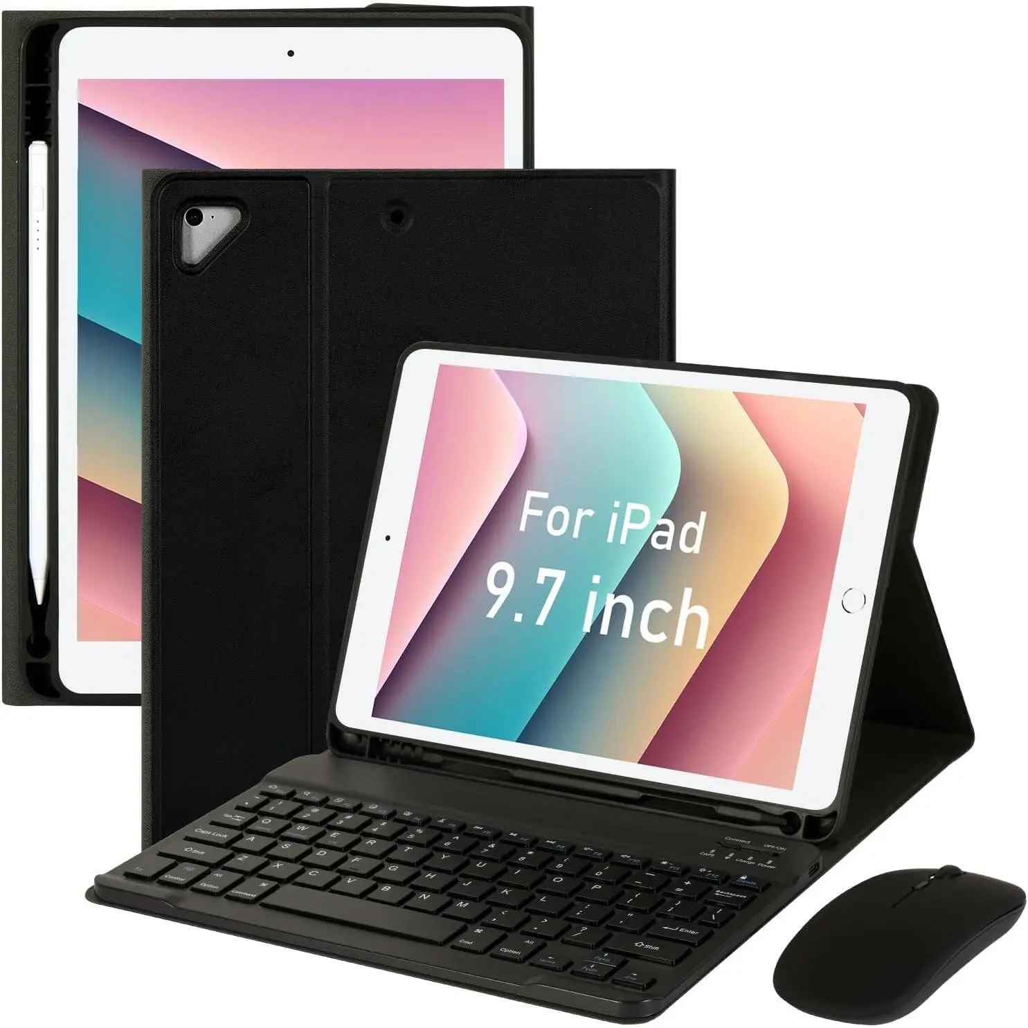 for iPad Pro 9.7 inch Case with Keyboard and  for iPad 2018 (6th Gen)/ 2017 (5th Gen), 2016 iPad Pro/Air 2/1 Keyboard Case with ,   Keyboard Cover with Pencil Holder, Black