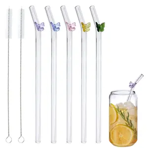 Butterfly Design Glass Straw Set, 5 Counts Reusable Glass Straw with 2 Counts Cleaning Brush, Drinking Accessories for Home Kitchen  Graduation Party, Utensils