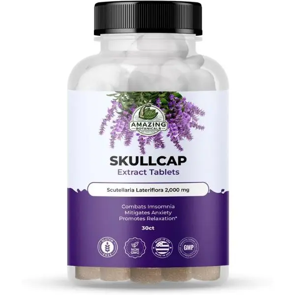 Amazing Botanicals Edible Skullcap 10X Extract Tablets - 2000 mg Natural Herb Dietary Supplement, High Potency Relaxation Support Herbs, 30 Tabs