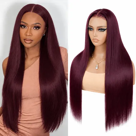 Sarhair Black Cherry Dark 99J Straight 13x6 HD Lace Front Wig Human Hair Invisible Drawstring Wig with Tapes Pre Plucked Pre Bleached Pre Cut Glueless Wig 200 Density for Women