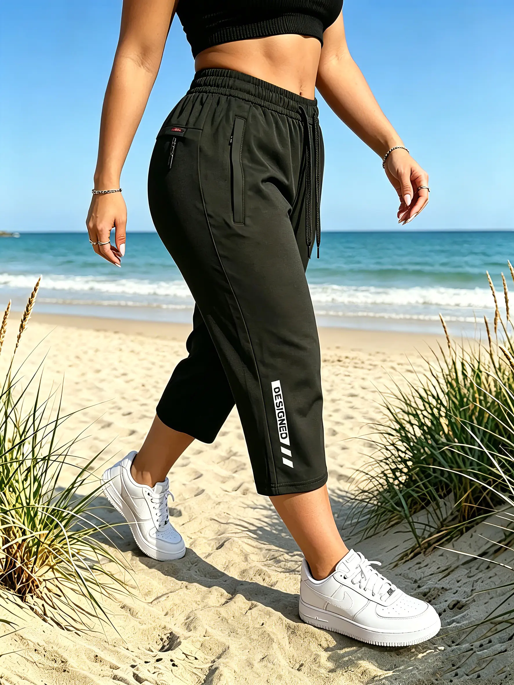 High-Stretch Ice Silk Capri Pants for Women Quick-Dry Lightweight 7/8 Jogger Pants with 3 Zipper Pockets, Elastic Waist Athletic Casual Trousers for Running, Gym & Everyday Wear Womenswear