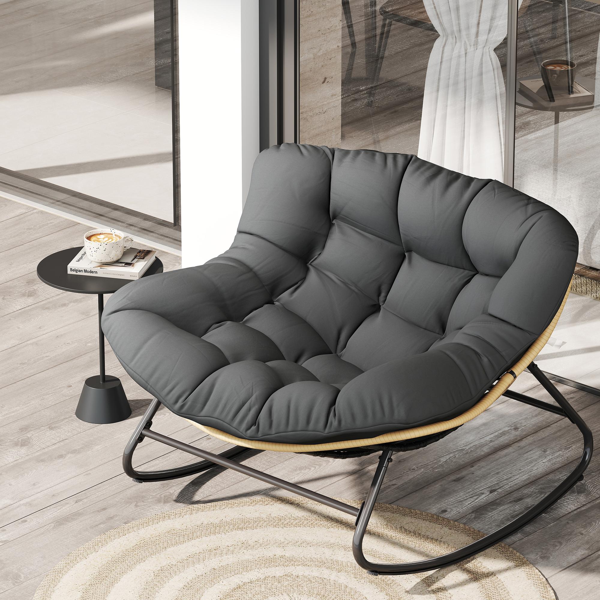 Outdoor Rocking Chair with Thick Cushion,300lbs Capacity, Indoor Egg Rocking Chair with Adjustable Backrest for Backyard, Balcony, Living Room