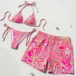 Matching Couple Swimwear Set, Neon Pink Green Psychedelic Bikini Trunks, Retro Beach Outfit