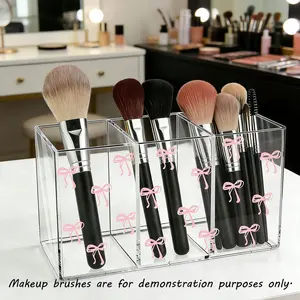 Bow Acrylic Cosmetic & Office Storage Box, Multifunctional Storage Bin, 3 Compartment Desk Organizer, Makeup Brush Holder, Space Saving Bath Vanity Stand, Beauty Supplies Organizer, Desktop Storage Box, Bathroom Storage Organizer, Makeup Tool Organizer