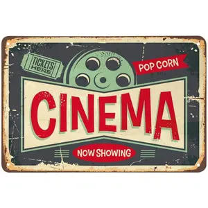 AOYEGO Cinema Tin Sign,Tickets Here Pop Corn and Movie Now Showing Vintage Metal Tin Signs for Cafes Bars Pubs Shop Wall Decorative Funny Retro Signs for Men Women 8x12 Inch